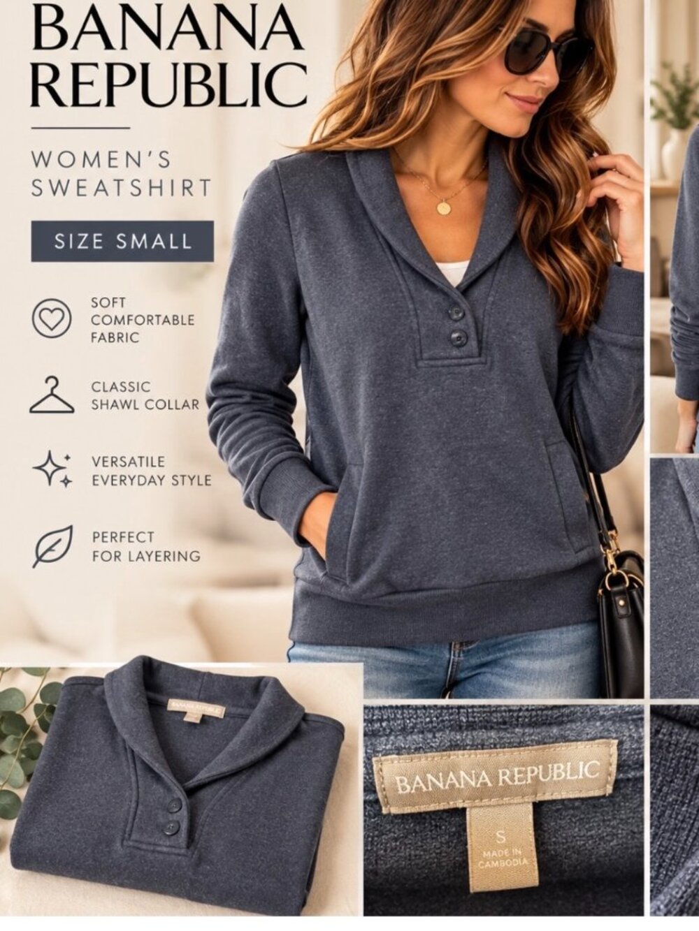 BANANA REPUBLIC Women’s Shawl Collar Sweatshirt – Size Small